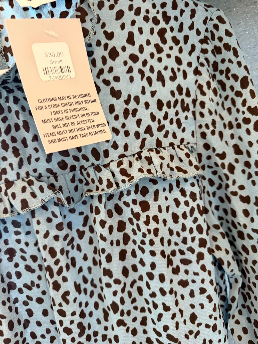 High-Neck Blue Leopard Print Ruffle Blouse - Picture 5 of 8
